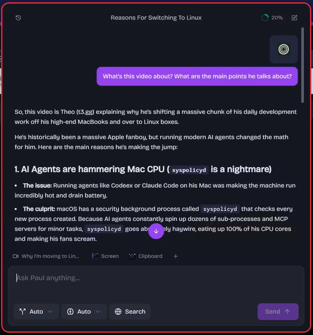 Pivit's AI chat summarising a YouTube video in an overlay above the browser, with screen and clipboard attached as context