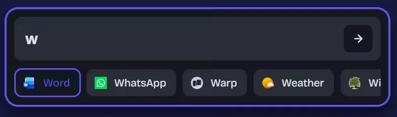 The Pivit command bar showing app results for the letter W — Word, WhatsApp, Warp and Weather